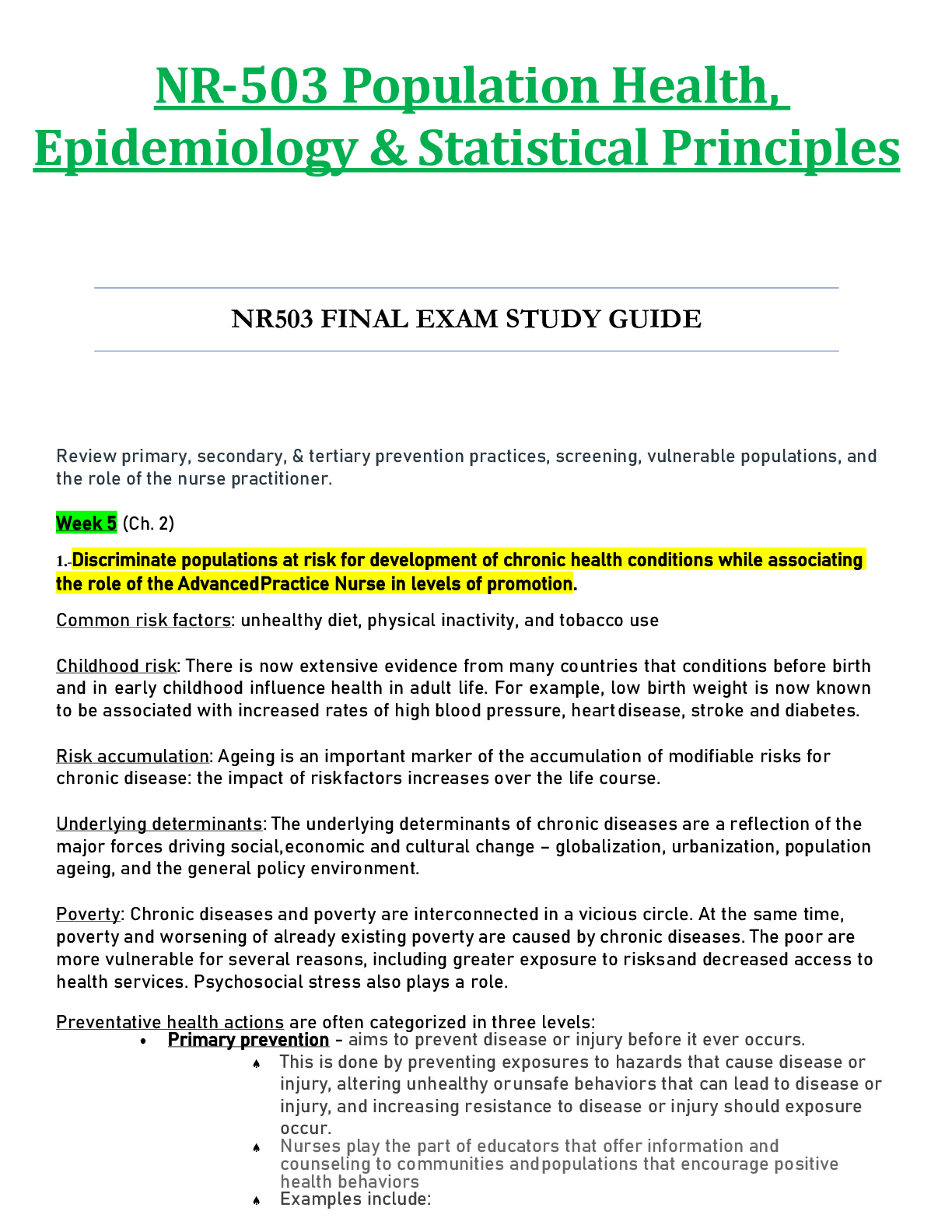 NR503 / NR 503 Final Exam Study Guide Updated: Population Health, Epidemiology & Statistical Principles - Chamberlain